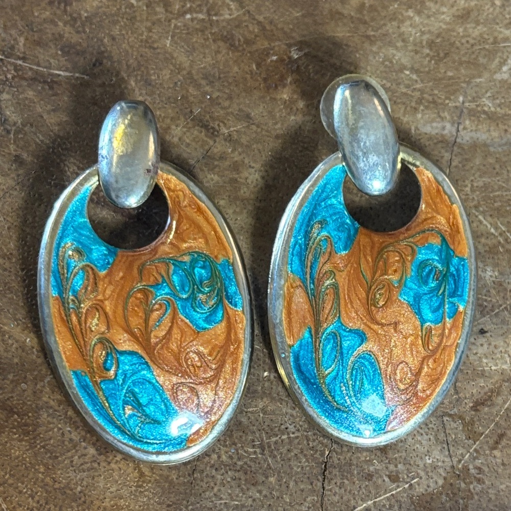 Turquoise Copper Orange Acrylic Handpainted Dangly Earrings